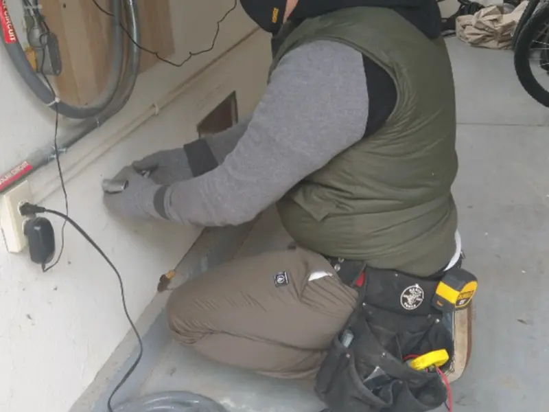 Electrician performing outlet wiring in a Inman garage